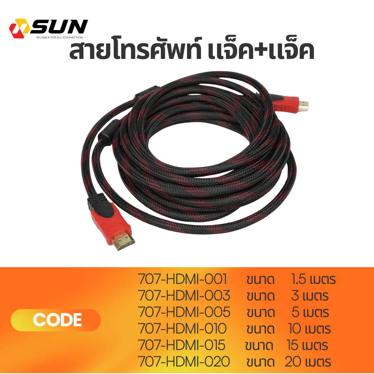 สายสัญญาณ HDMI 2K Full HD ถักกลม หัวโลหะ | รองรับ HDTV 1.4 ขนาด 1.5–20M